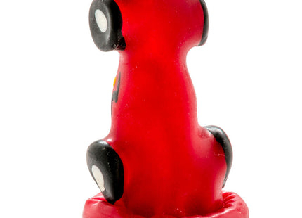 Roter kunststoff feuerhydrant kerze mit schwarz weißen kreisdetails aus der condomerie handbemalte neuheitskondome rennwagen produktlinie