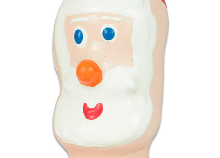 Ein fröhliches santa claus gesicht aus geformtem kunststoff mit weißem bart rotem hutbesatz blauen augen oranger nase und roten lippen für condomerie handbemalte neuheitskondome santa