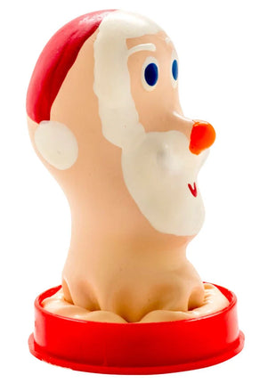 Eine handbemalte neuheitskondome santa mit einem Kunststoff-santa-claus-kopf auf rotem grundkörper
