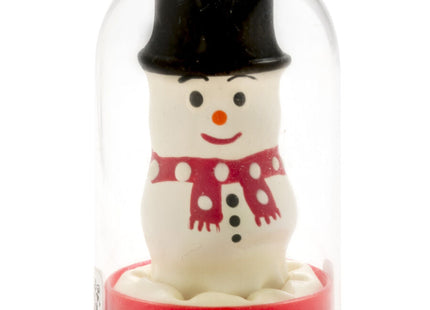Weißer schneemann aus keramik mit schwarzem zylinder und rotem tupftuch in einer glasglocke von condomerie handbemalte novelty kondome