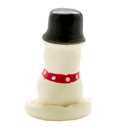 Weißes handbemaltes novelty kondom mit schneemannfigur und schwarzem zylinder von Condomerie