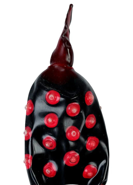 Schwarzer fakir xl handbemalte kondome mit schwarzer glasfigur glänzend rot spitz und roten noppen
