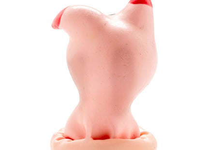 Pinkfarbige plastik-hühnerfigur mit rotspitze schnabel und füße auf passendem sockel kondomerie handbemalt