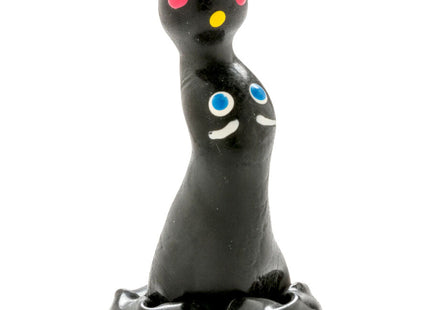 Schwarze glossy figur mit pinken, gelben und blauen kreisaugen und weißem lächeln für condomerie handbemalte kondome