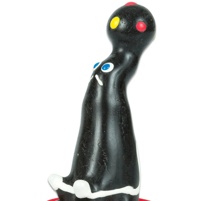 Schwarze plastikfigur mit bunten kreisaugen und weißen akzenten zum condomerie handbemalte neuheitskondome seelöwe