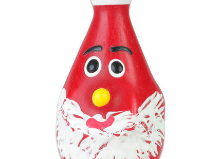 Roter plastik vogelhäuschen in weihnachtsmannform mit weißem bart schwarzen augenbrauen und gelber nase von condomerie