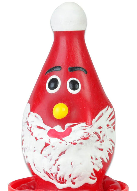 Roter plastik vogelhäuschen in weihnachtsmannform mit weißem bart schwarzen augenbrauen und gelber nase von condomerie