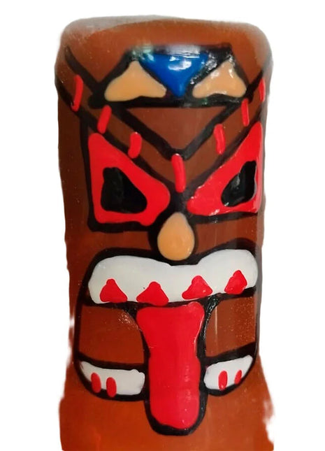 Handbemalte tiki totem-01 kondome in braun mit roten, schwarzen gesichtszügen und blauer stirnverzierung