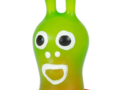 Grüne handbemalte neuheitskondomfigur conderie mit weißen augen nase mund und zwei weißen antennenspitzen