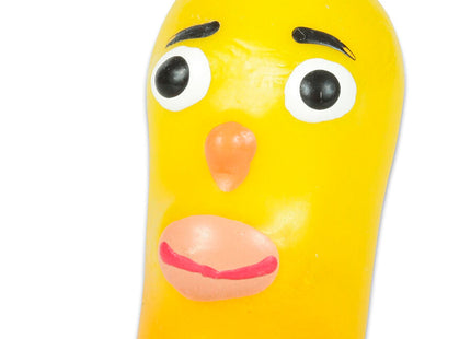 Gelbe gummiente mit schwarzen augenbrauen und handbemaltem design auf condomerie novelty condom vater