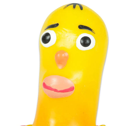 Gelbe gummiente mit schwarzen augenbrauen und handbemaltem design auf condomerie novelty condom vater
