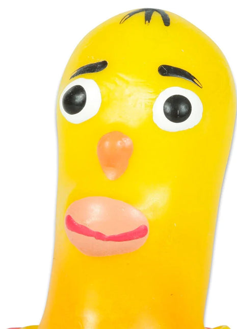 Gelbe gummiente mit schwarzen augenbrauen und handbemaltem design auf condomerie novelty condom vater