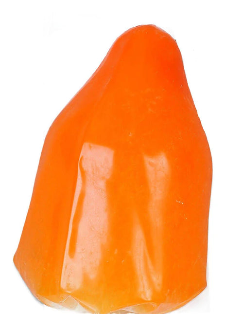 Vibrant orange glossy plastic condom in smooth slightly tapered form from condomerie handbemalte neuheitskondome xxxl collection