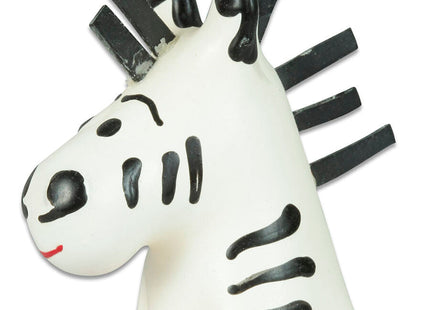 Weiße zebra handbemalte kondomfigur mit schwarzen streifen und roten nasenhörnern von condomerie