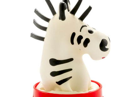 Weiße zebrafigur mit schwarzen streifen auf rotem kunststoffsockel für condomerie handbemalte neuheitskondome zebra