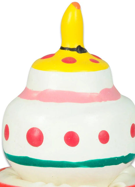 Handbemalter neuheits-kondome-kuchen stressball in drei farben mit roten punkten und gelber bananenfigur oben