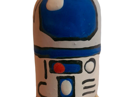 Handbemalter r2-d2 roboter kondom in blau weiß mit schwarzen konturen und rotem kreis auf der brust von condomerie
