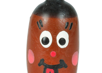 Braune handbemalte kondomsackfigur in flaschenform mit schwarzem deckel und bemalten gesichtszügen von condenserie