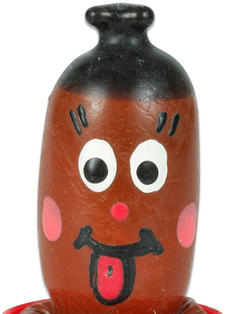 Braune handbemalte kondomsackfigur in flaschenform mit schwarzem deckel und bemalten gesichtszügen von condenserie