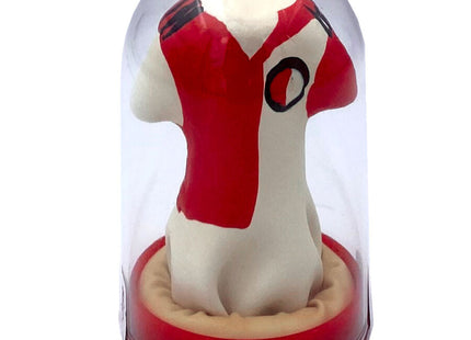 Ein rot-weißes plüsch-hundefigur im feyenoord-trikot in einer glaskuppel mit rotem sockel aus der condomerie handbemaltes kondome kollektion