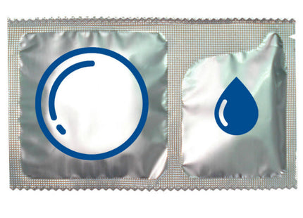 Silberfolien kondomverpackung control duo natura 2 in 1 konservierungsmittel und gel mit blauen kreis und tropfen symbolen