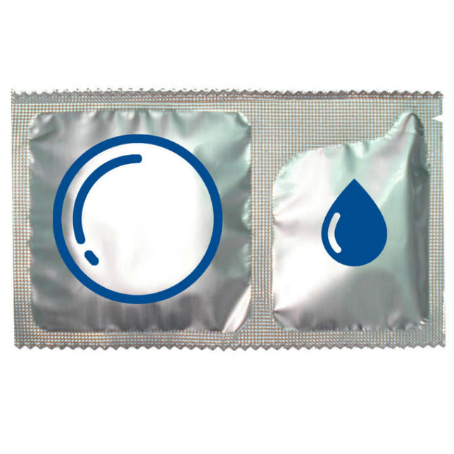 Silberfolien kondomverpackung control duo natura 2 in 1 konservierungsmittel und gel mit blauen kreis und tropfen symbolen