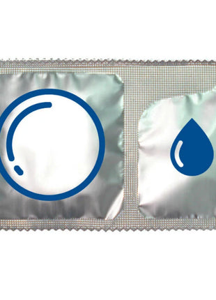 Silberfolien kondomverpackung control duo natura 2 in 1 konservierungsmittel und gel mit blauen kreis und tropfen symbolen
