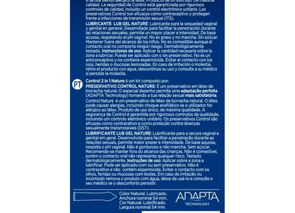 Blaue verpackung des control duo natura 2-in-1 kondom- und gleitmittel-kits von adapta technology mit 6 einheiten