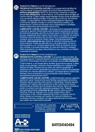 Blaue verpackung des control duo natura 2-in-1 kondom- und gleitmittel-kits von adapta technology mit 6 einheiten