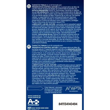 Blaue verpackung des control duo natura 2-in-1 kondom- und gleitmittel-kits von adapta technology mit 6 einheiten