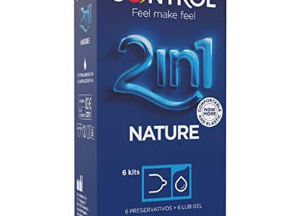 Blaue control duo natura 2in1 kondomverpackung mit glänzendem logo enthält sechs kits kondome und gleitgel