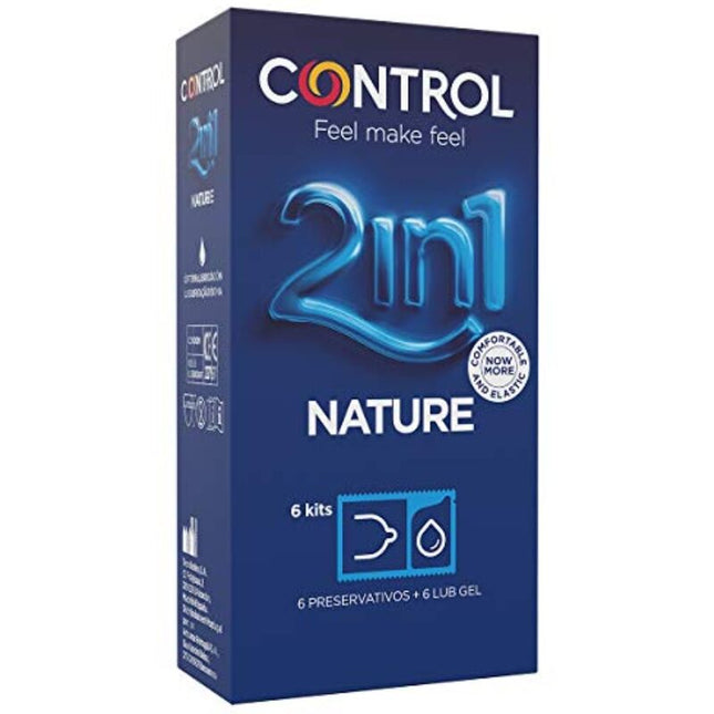 Blaue control duo natura 2in1 kondomverpackung mit glänzendem logo enthält sechs kits kondome und gleitgel
