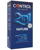 Blaue control duo natura 2in1 kondomverpackung mit glänzendem logo enthält sechs kits kondome und gleitgel