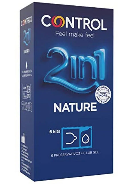 Blaue control duo natura 2in1 kondomverpackung mit glänzendem logo enthält sechs kits kondome und gleitgel
