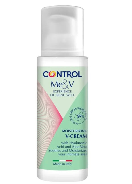 Control me&v feuchtigkeitsspendende v-cream intim in klarer plastikflasche mit weißem pumpspender und mintgrünem etikett