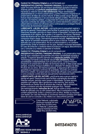 Control 2 in 1 finissimo original kondom und gleitmittel kit in dunkelblauer verpackung mit weißen produktspezifikationen