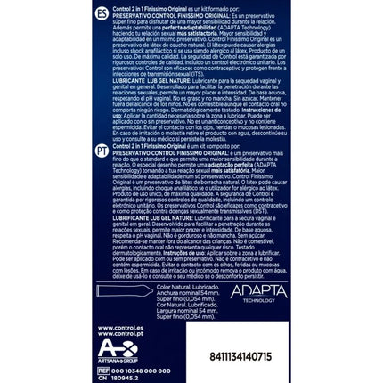 Control 2 in 1 finissimo original kondom und gleitmittel kit in dunkelblauer verpackung mit weißen produktspezifikationen