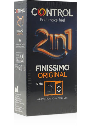 Schwarze control finissimo duo condom-verpackung mit 2in1 logo in orange und weiß für 6 einheiten gleitmittel