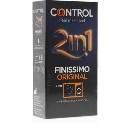 Schwarze control finissimo duo condom-verpackung mit 2in1 logo in orange und weiß für 6 einheiten gleitmittel