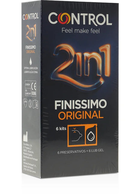 Schwarze control finissimo duo condom-verpackung mit 2in1 logo in orange und weiß für 6 einheiten gleitmittel