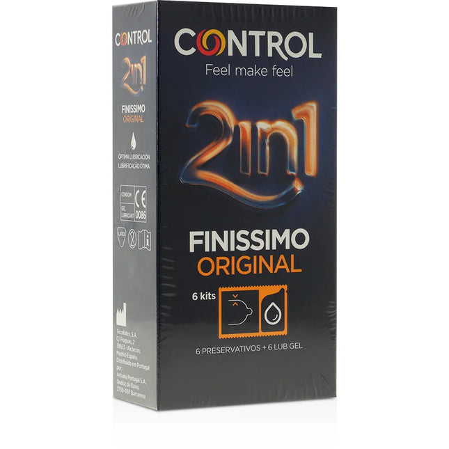 Schwarze control finissimo duo condom-verpackung mit 2in1 logo in orange und weiß für 6 einheiten gleitmittel