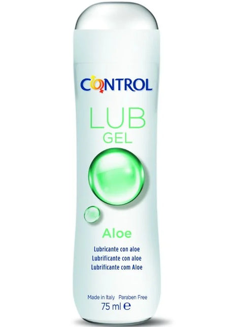 Control lub gel aloe gleitmittel 75 ml in einer weißen flasche mit silbernem deckel und translucent grünem gel