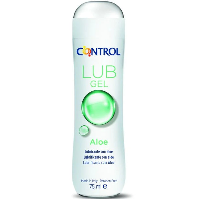 Control lub gel aloe gleitmittel 75 ml in einer weißen flasche mit silbernem deckel und translucent grünem gel