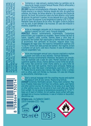Rückseite eines blauen 125ml aerosoldrucksprays control mousse sensual wave massagecreme mit mehrsprachigen sicherheitshinweisen und zutatenliste