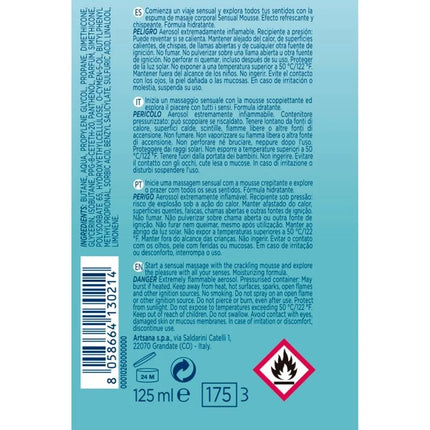 Rückseite eines blauen 125ml aerosoldrucksprays control mousse sensual wave massagecreme mit mehrsprachigen sicherheitshinweisen und zutatenliste