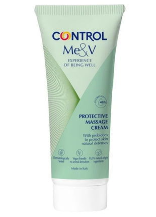 Control me&v schützende massagecreme 150 ml in hellgrüner tube mit weißem verschluss und geometriedesign