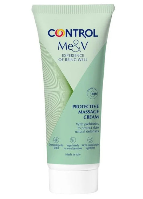 Control me&v schützende massagecreme 150 ml in hellgrüner tube mit weißem verschluss und geometriedesign