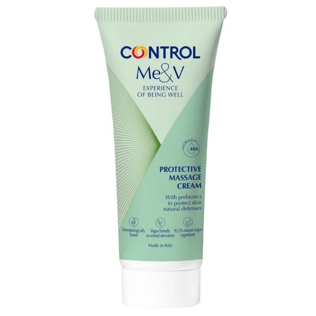Control me&v schützende massagecreme 150 ml in hellgrüner tube mit weißem verschluss und geometriedesign