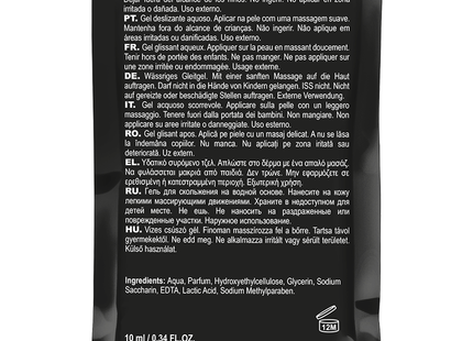 Schwarze tasche mit 10 ml wasserbasiertem gleitgel auf erdbeerbasis von coquette chic desire mit mehrsprachiger anleitung und inhaltsstoffen