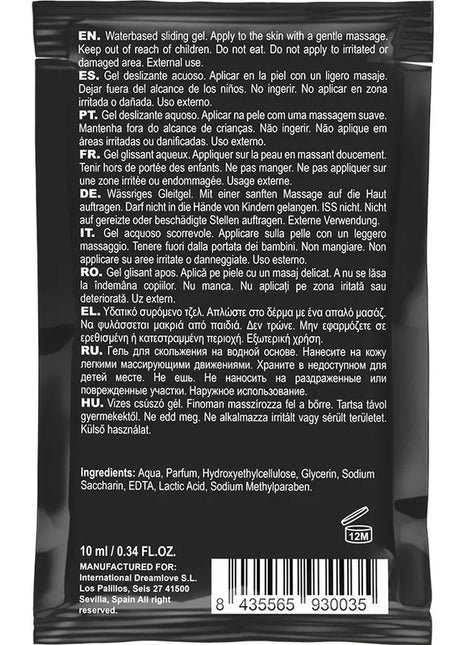 Schwarze tasche mit 10 ml wasserbasiertem gleitgel auf erdbeerbasis von coquette chic desire mit mehrsprachiger anleitung und inhaltsstoffen